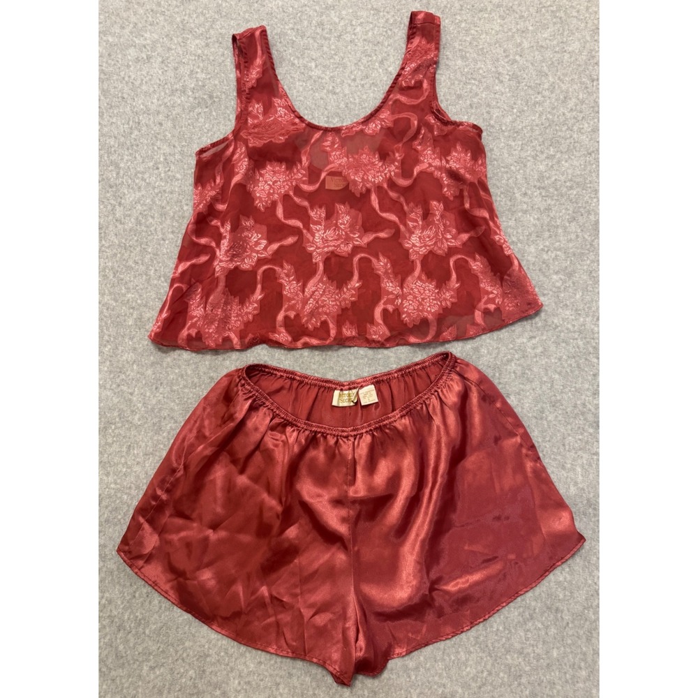 Vintage Victoria's Secret Gold Label Pajama Set Sheer Floral Top Satin Shorts